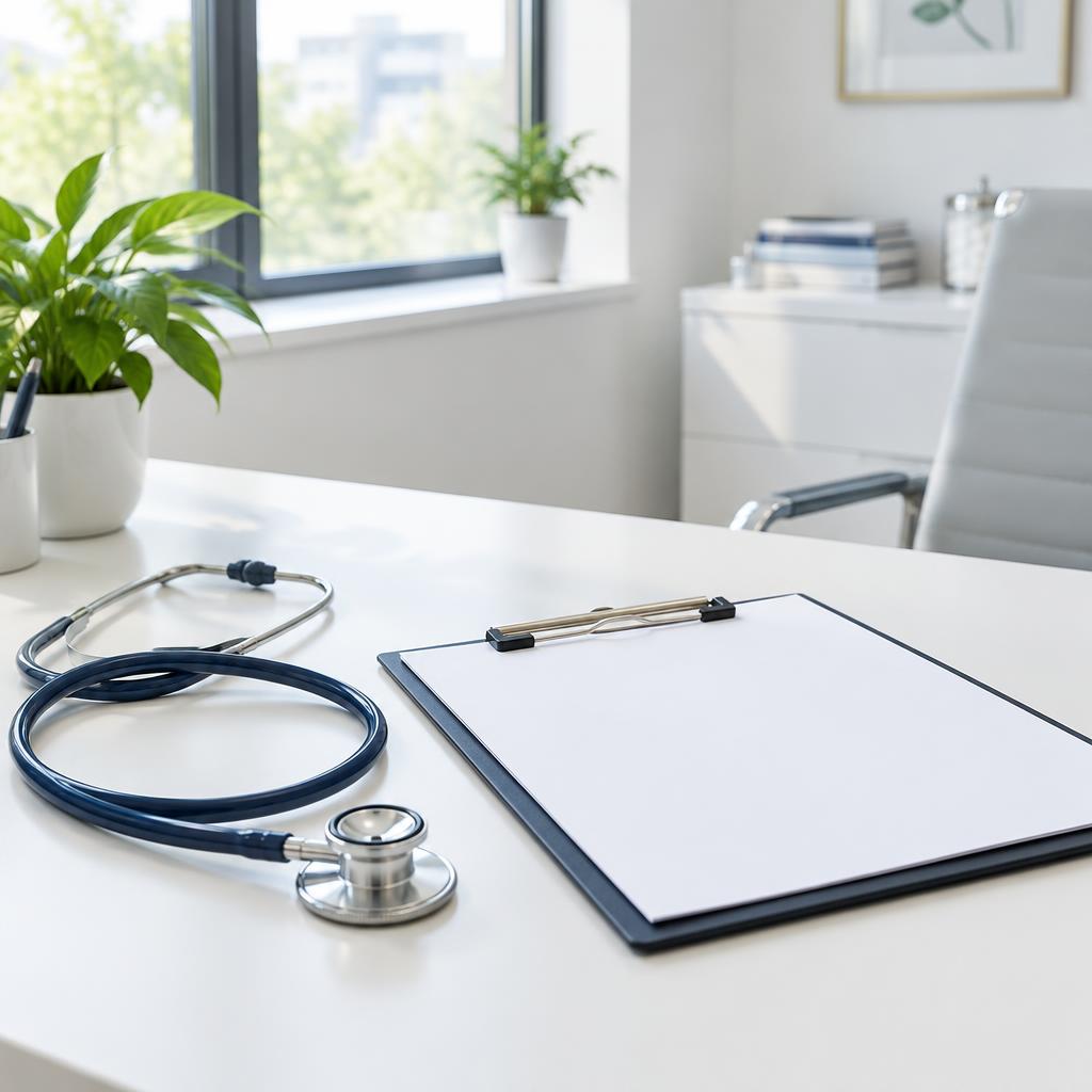 A doctor's desk with a stethoscope, a notepad, and a pen in a clean, bright clinical space.