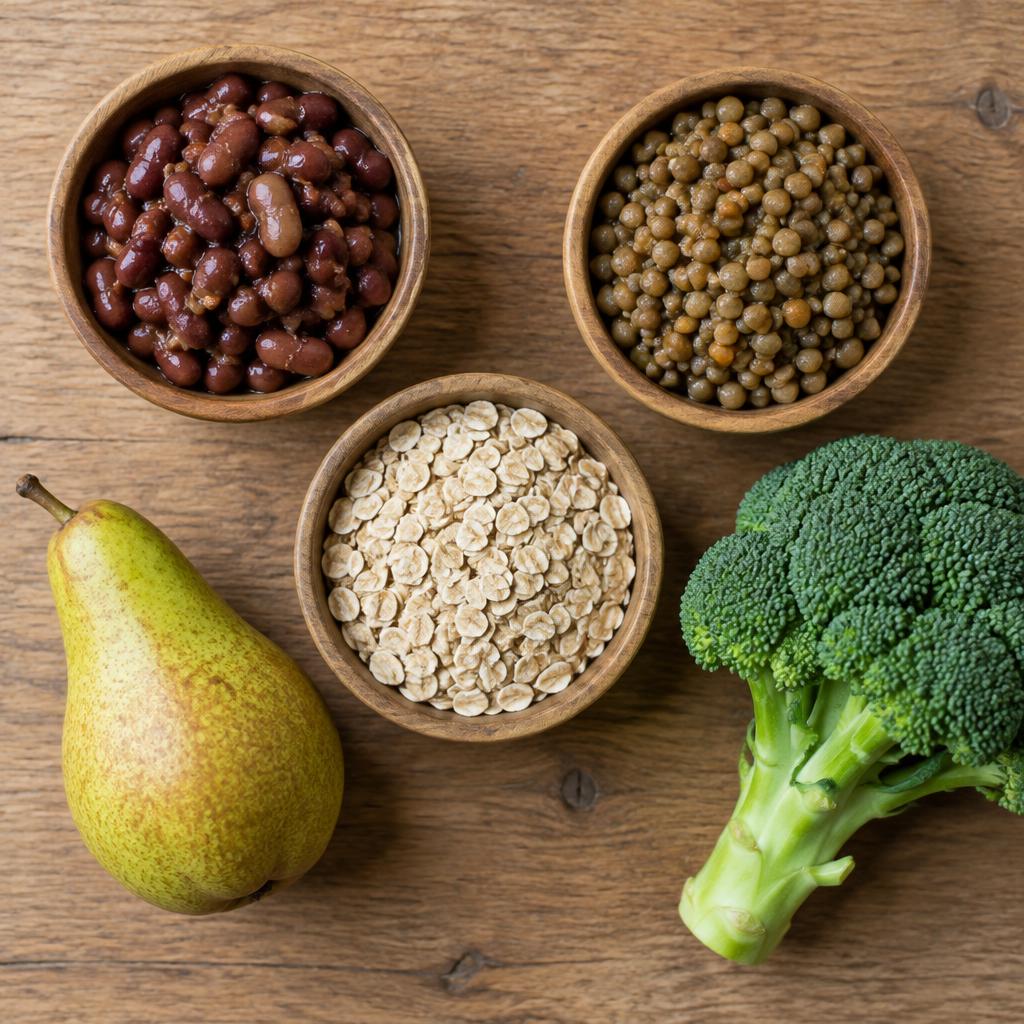 Bowls of beans, lentils, and oats on a wooden surface — high-fiber whole foods.