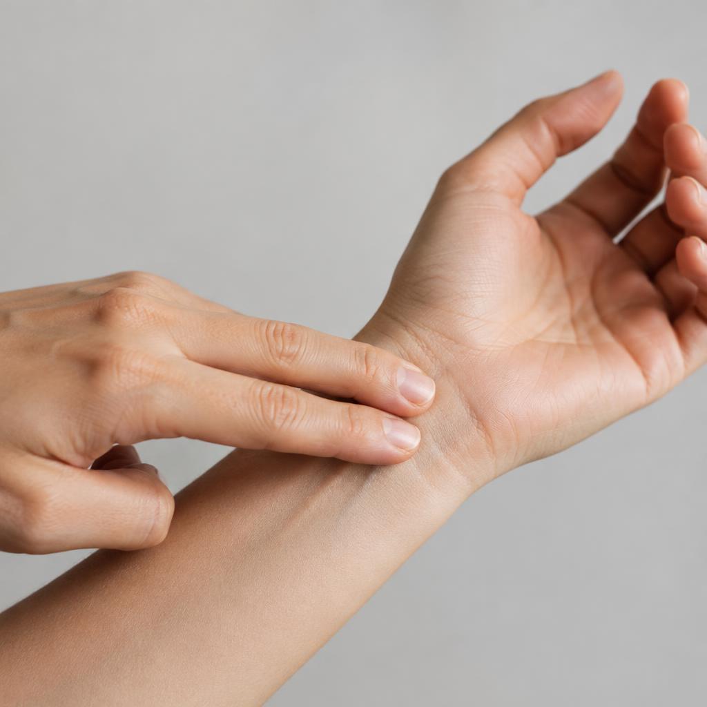 A hand with two fingers pressed to the inside of a wrist, checking a pulse.