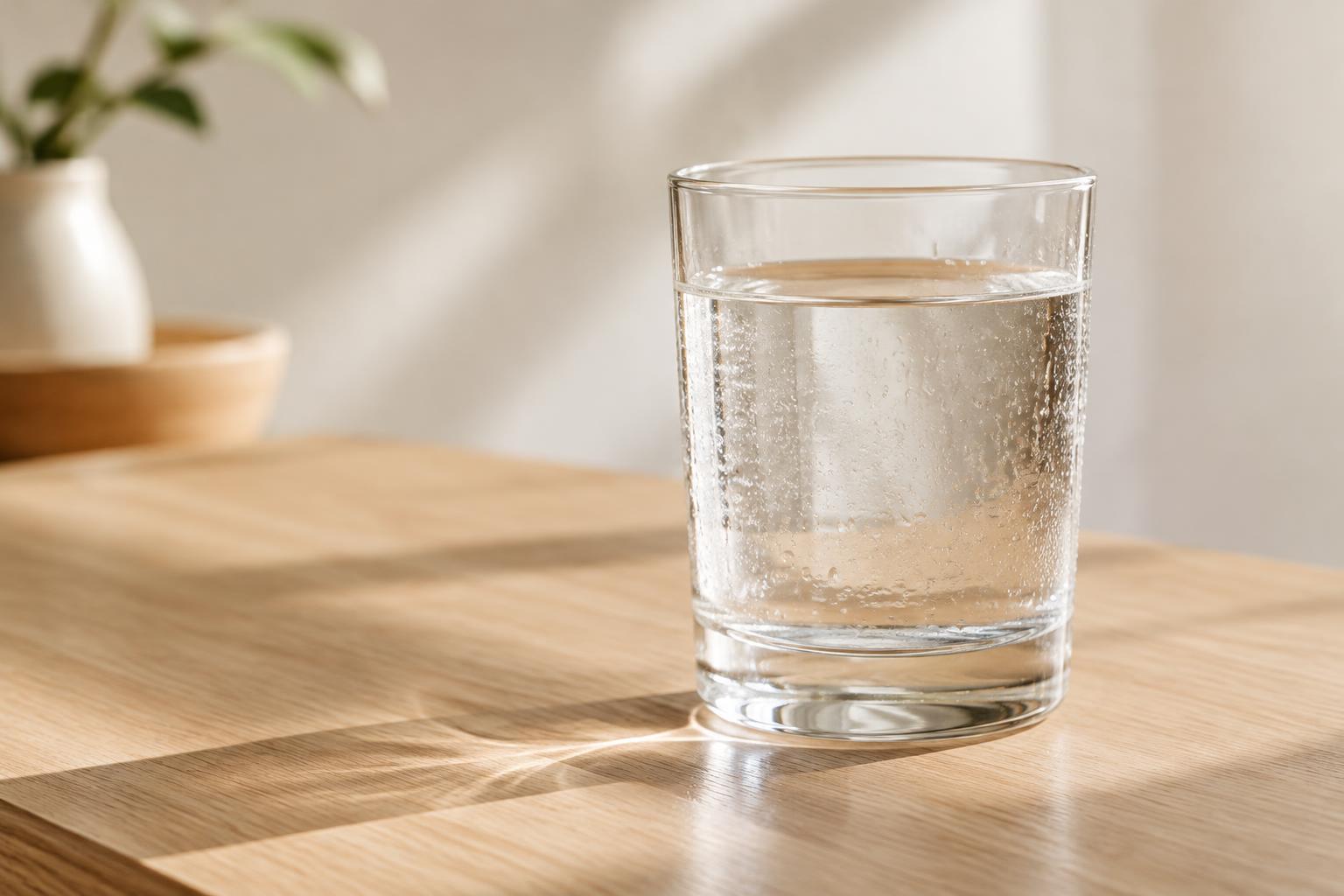 A glass of water on a wooden surface in natural morning light, with condensation on the outside of the glass.