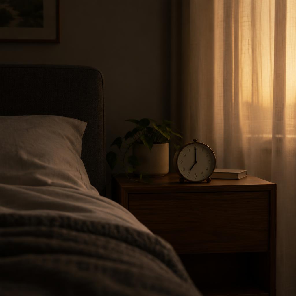 A dark bedroom at night with soft light coming through curtains, an alarm clock showing 7:00 on a bedside table.