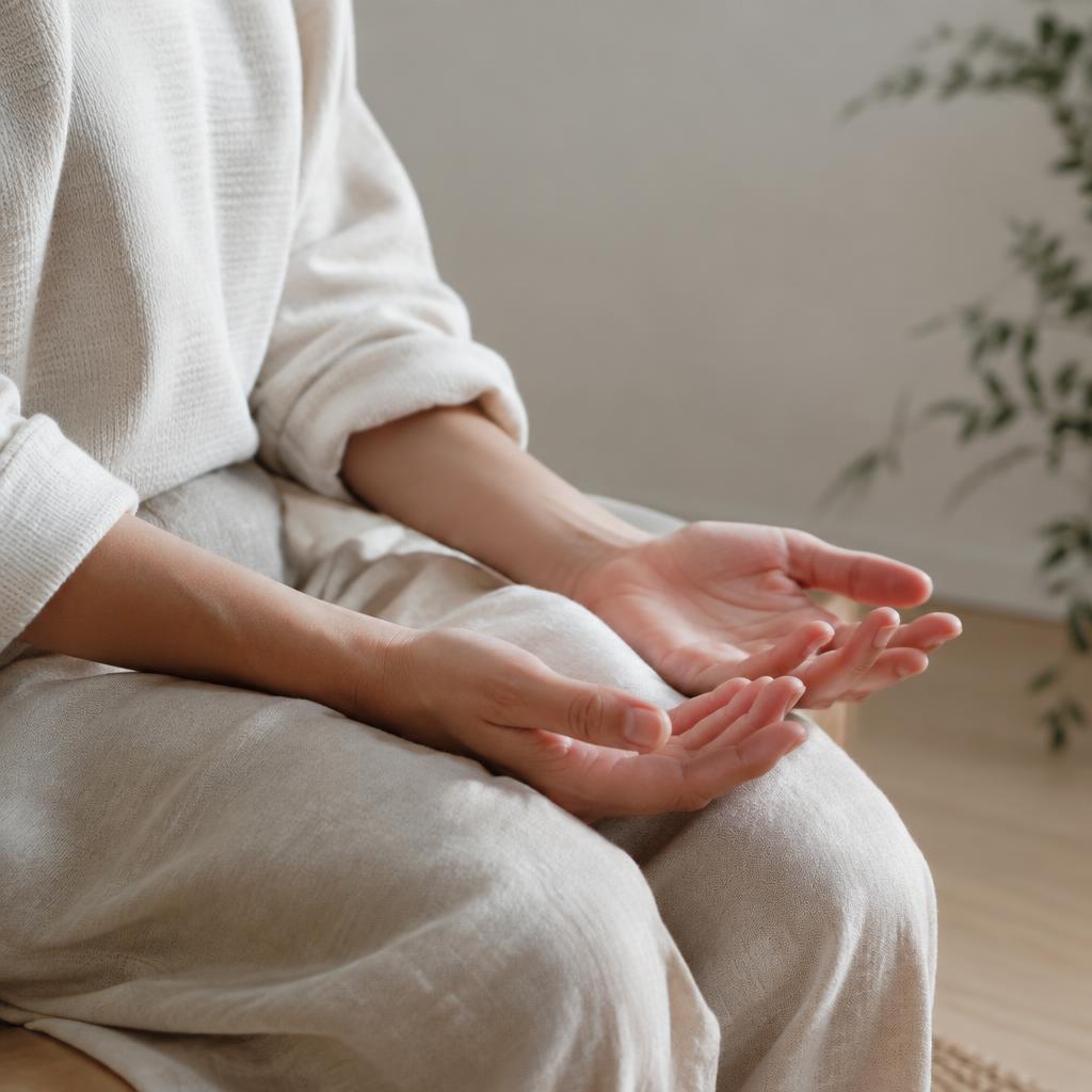 Hands resting open in a lap, palms up, in a calm posture suggesting a slow breathing exercise.