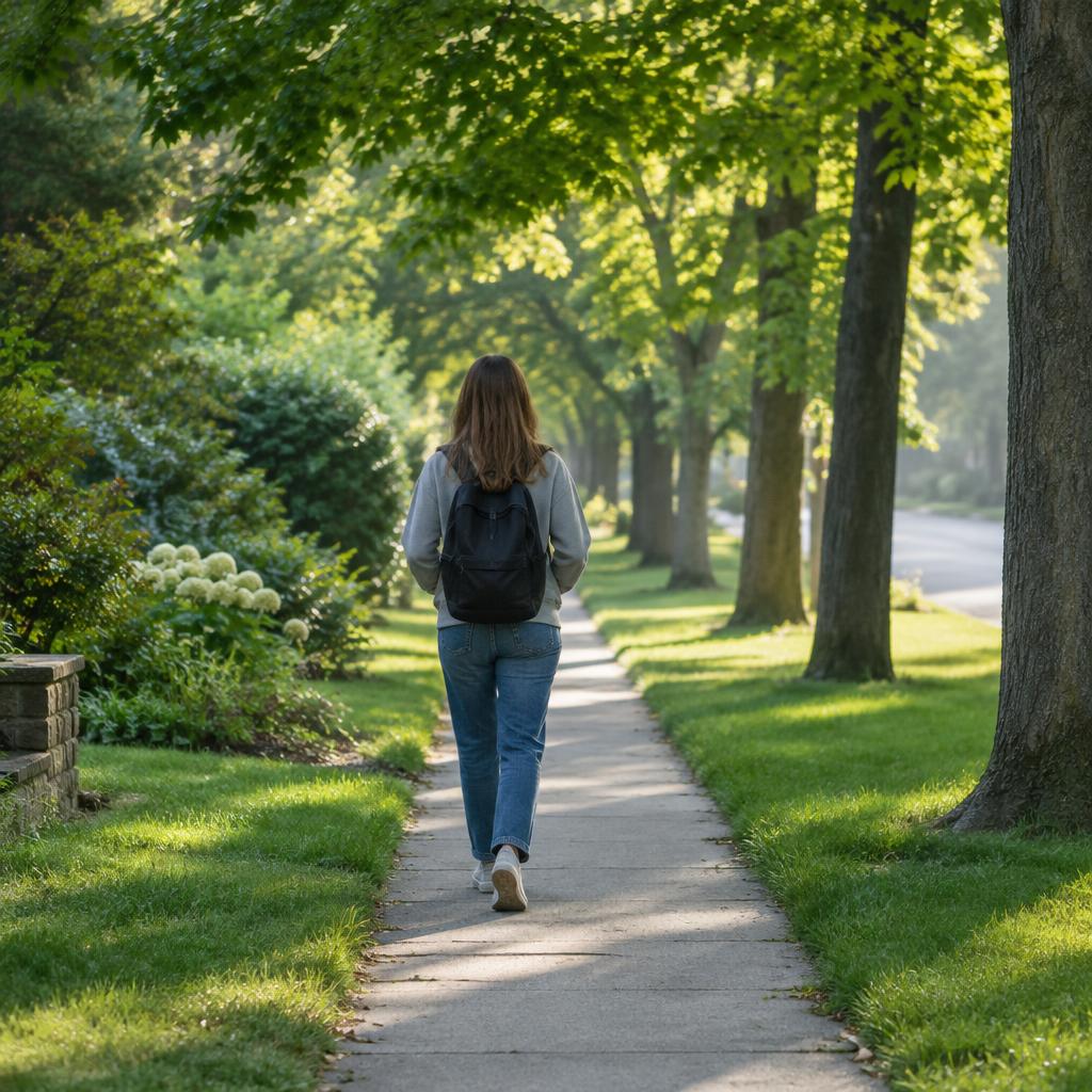 A person walking on a tree-lined sidewalk in morning light, seen from behind.